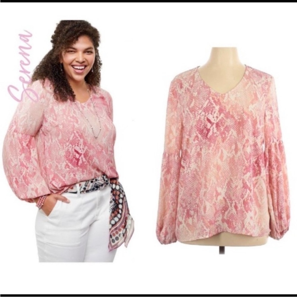 CAbi 5708 Bethany Snakeskin Blouse| Medium |Pink Balloon Sleeve V-Neck Top| NWOT